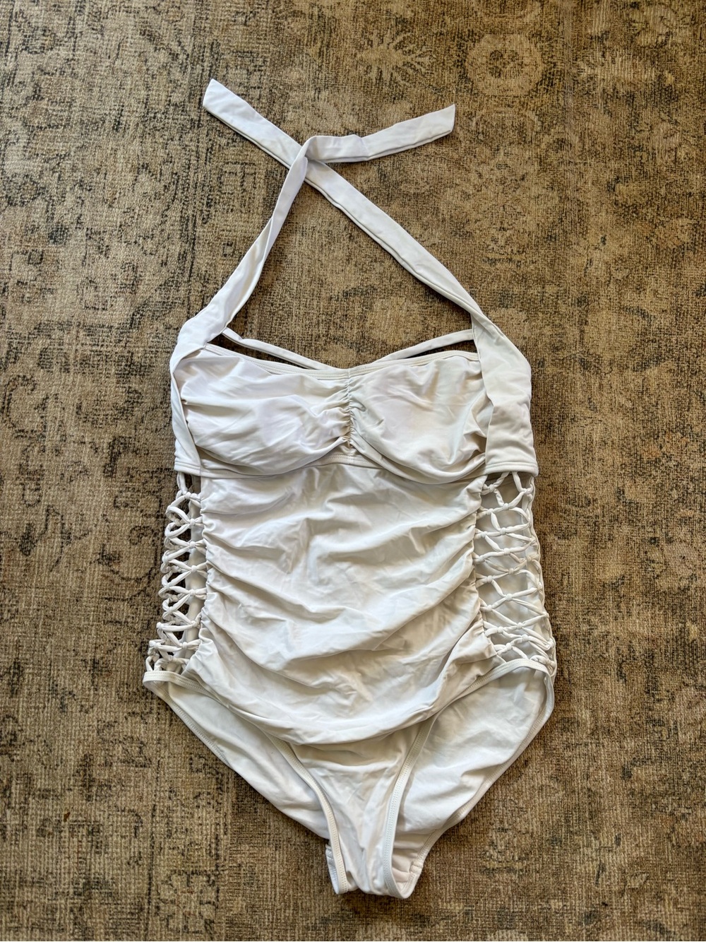Ashley Graham White Halter One-Piece with Side Lattice Detail